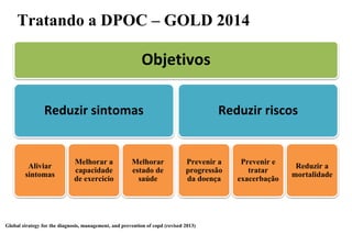 Objetivos
Reduzir sintomas
Aliviar
sintomas
Melhorar a
capacidade
de exercicio
Melhorar
estado de
saúde
Reduzir riscos
Prevenir a
progressão
da doença
Prevenir e
tratar
exacerbação
Reduzir a
mortalidade
Global strategy for the diagnosis, management, and prevention of copd (revised 2013)
Tratando a DPOC – GOLD 2014
 