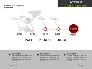 Example text Go ahead and replace it with your own text. This is an example text. Go ahead and replace it with your own text Example text Go ahead and replace it with your own text. This is an example text. Go ahead and replace it with your own text Example text Go ahead and replace it with your own text. This is an example text. Go ahead and replace it with your own text Your own footer Your Logo TIMELINE  FIVE YEAR PLAN Sub headline PAST FUTURE PRESENT 2009 2010 2011 2012 2013 This is an example text.  This is an example text.  This is an example text.  This is an example text.  5  years 