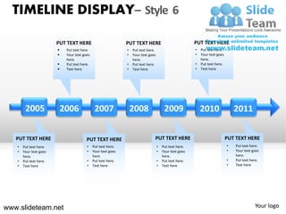 TIMELINE DISPLAY– Style 6

                        PUT TEXT HERE                          PUT TEXT HERE                             PUT TEXT HERE
                            Put text here.                    •   Put text here.                        •   Put text here.
                            Your text goes                    •   Your text goes                        •   Your text goes
                             here.                                 here.                                     here.
                            Put text here.                    •   Put text here.                        •   Put text here.
                            Text here                         •   Text here                             •   Text here




        2005                2006               2007                2008                  2009                2010                 2011


   PUT TEXT HERE                         PUT TEXT HERE                          PUT TEXT HERE                                 PUT TEXT HERE
   •   Put text here.                    •    Put text here.                        •   Put text here.                        •   Put text here.
   •   Your text goes                    •    Your text goes                        •   Your text goes                        •   Your text goes
       here.                                  here.                                     here.                                     here.
   •   Put text here.                    •    Put text here.                        •   Put text here.                        •   Put text here.
   •   Text here                         •    Text here                             •   Text here                             •   Text here




www.slideteam.net                                                                                                                            Your logo
 