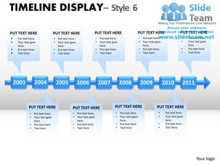 TIMELINE DISPLAY– Style 6

PUT TEXT HERE                      PUT TEXT HERE                     PUT TEXT HERE                             PUT TEXT HERE                    PUT TEXT HERE
    Put text here.                •   Put text here.                    •   Put text here.                    •   Put text here.                •    Put text here.
    Your text goes                •   Your text goes                    •   Your text goes                    •   Your text goes                •    Your text goes
     here.                             here.                                 here.                                 here.                              here.
    Put text here.                •   Put text here.                    •   Put text here.                    •   Put text here.                •    Put text here.
    Text here                     •   Text here                         •   Text here                         •   Text here                     •    Text here




    2003          2004                 2005             2006                 2007             2008                 2009             2010          2011


             PUT TEXT HERE                        PUT TEXT HERE                          PUT TEXT HERE                        PUT TEXT HERE
              •   Put text here.                  •     Put text here.                   •    Put text here.                   •     Put text here.
              •   Your text goes                  •     Your text goes                   •    Your text goes                   •     Your text goes
                  here.                                 here.                                 here.                                  here.
              •   Put text here.                  •     Put text here.                   •    Put text here.                   •     Put text here.
              •   Text here                       •     Text here                        •    Text here                        •     Text here




                                                                                                                                                            Your logo
 