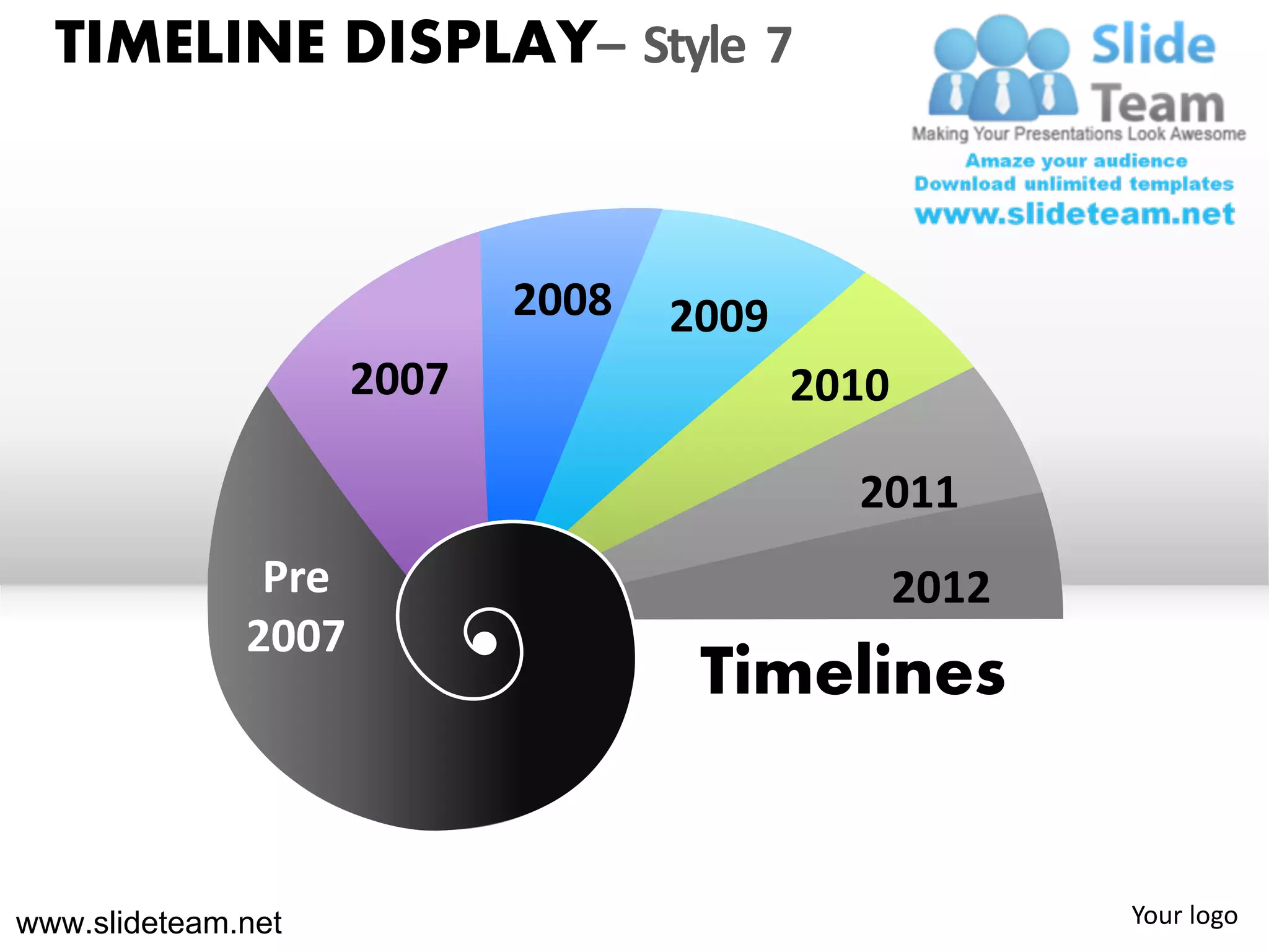TIMELINE DISPLAY– Style 7


                            2008   2009
                     2007                 2010

                                            2011
               Pre                               2012
              2007
                                    Timelines


www.slideteam.net                                       Your logo
 