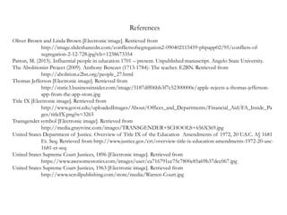 References
Oliver Brown and Linda Brown [Electronic image]. Retrieved from
http://image.slidesharecdn.com/conflictsofsegregation2-090402115459-phpapp02/95/conflicts-of-
segregation-2-12-728.jpg?cb=1238673354
Patton, M. (2015). Influential people in education 1701 – present. Unpublished manuscript. Angelo State University.
The Abolitionist Project (2009). Anthony Benezet (1713-1784): The teacher. E2BN. Retrieved from
http://abolition.e2bn.org/people_27.html
Thomas Jefferson [Electronic image]. Retrieved from
http://static3.businessinsider.com/image/5187dff06bb3f7c52300000e/apple-rejects-a-thomas-jefferson-
app-from-the-app-store.jpg
Title IX [Electronic image]. Retrieved from
http://www.govst.edu/uploadedImages/About/Offices_and_Departments/Financial_Aid/FA_Inside_Pa
ges/titleIX.png?n=3265
Transgender symbol [Electronic image]. Retrieved from
http://media.graytvinc.com/images/TRANSGENDER+SCHOOLS+656X369.jpg
United States Department of Justice. Overview of Title IX of the Education Amendments of 1972, 20 U.S.C. A§ 1681
Et. Seq. Retrieved from http://www.justice.gov/crt/overview-title-ix-education-amendments-1972-20-usc-
1681-et-seq
United States Supreme Court Justices, 1896 [Electronic image]. Retrieved from
https://www.awesomestories.com/images/user/ea716791ee75c7800e85a69b37dcc067.jpg
United States Supreme Court Justices, 1963 [Electronic image]. Retrieved from
http://www.scrollpublishing.com/store/media/Warren-Court.jpg
 
