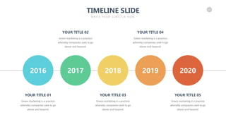 23
TIMELINE SLIDE
WRITE YOUR SUBTITLE HERE
2016 2017 2018 2019 2020
Green marketing is a practice
whereby companies seek to go
above and beyond.
YOUR TITLE 01
Green marketing is a practice
whereby companies seek to go
above and beyond.
YOUR TITLE 02
Green marketing is a practice
whereby companies seek to go
above and beyond.
YOUR TITLE 03
Green marketing is a practice
whereby companies seek to go
above and beyond.
YOUR TITLE 04
Green marketing is a practice
whereby companies seek to go
above and beyond.
YOUR TITLE 05
 