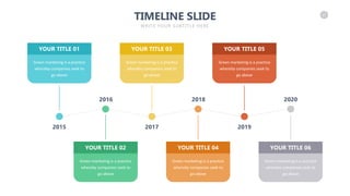 27
TIMELINE SLIDE
WRITE YOUR SUBTITLE HERE
2015
2016
2017
2018
2019
2020
Green marketing is a practice
whereby companies seek to
go above
YOUR TITLE 01
Green marketing is a practice
whereby companies seek to
go above
YOUR TITLE 03
Green marketing is a practice
whereby companies seek to
go above
YOUR TITLE 05
Green marketing is a practice
whereby companies seek to
go above
YOUR TITLE 02
Green marketing is a practice
whereby companies seek to
go above
YOUR TITLE 04
Green marketing is a practice
whereby companies seek to
go above
YOUR TITLE 06
 