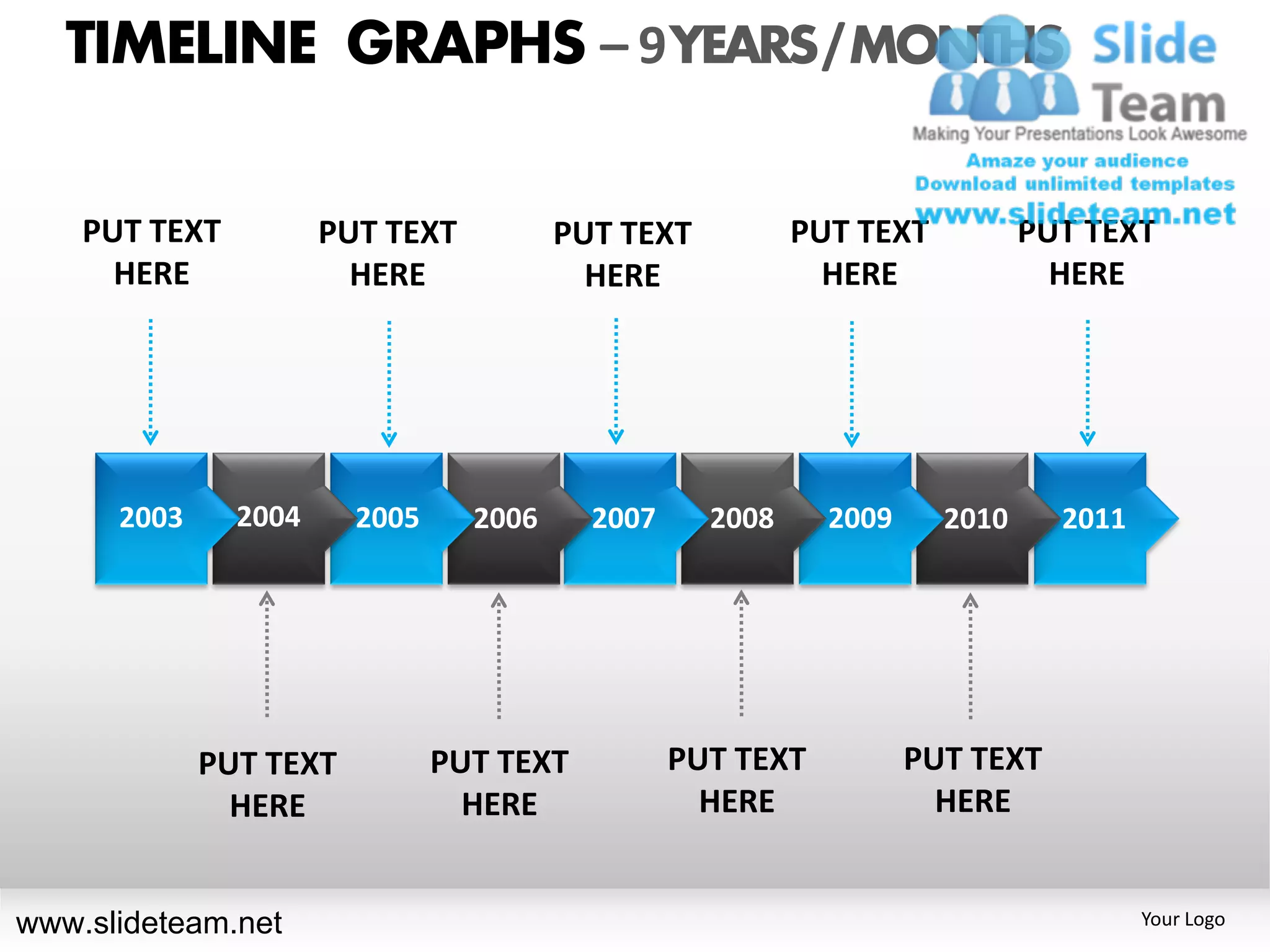 TIMELINE GRAPHS – 9 YEARS / MONTHS

    PUT TEXT          PUT TEXT          PUT TEXT          PUT TEXT          PUT TEXT
      HERE              HERE              HERE              HERE              HERE




      2003     2004     2005     2006     2007     2008     2009     2010     2011




             PUT TEXT          PUT TEXT          PUT TEXT          PUT TEXT
               HERE              HERE              HERE              HERE


www.slideteam.net                                                                    Your Logo
 
