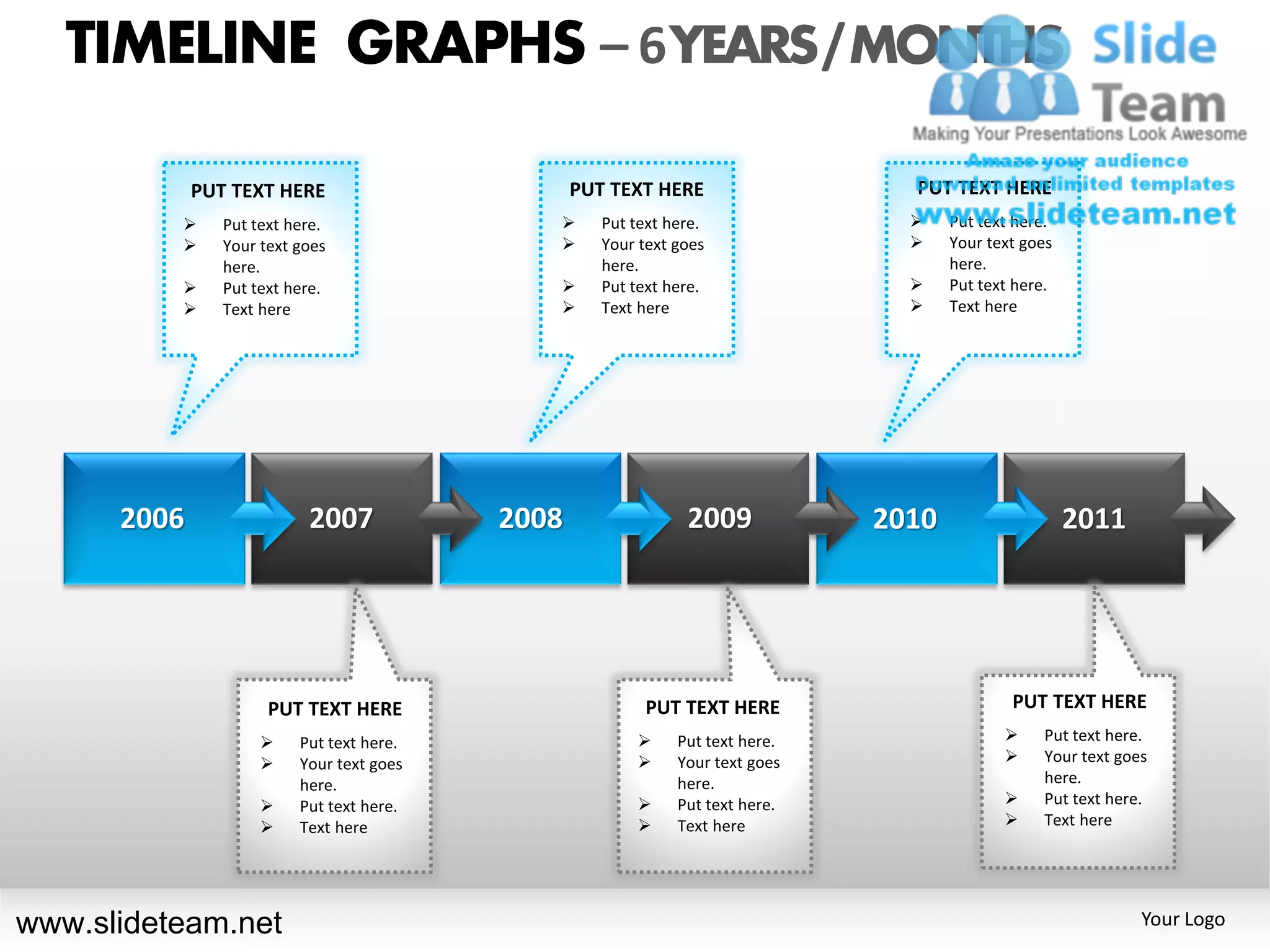 TIMELINE GRAPHS – 6 YEARS / MONTHS

             PUT TEXT HERE                        PUT TEXT HERE                   PUT TEXT HERE
               Put text here.                      Put text here.                   Put text here.
               Your text goes                      Your text goes                   Your text goes
                here.                                here.                             here.
               Put text here.                      Put text here.                   Put text here.
               Text here                           Text here                        Text here




      2006                 2007            2008                 2009            2010                    2011




                      PUT TEXT HERE                       PUT TEXT HERE                        PUT TEXT HERE
                         Put text here.                      Put text here.                     Put text here.
                         Your text goes                      Your text goes                     Your text goes
                          here.                                here.                               here.
                         Put text here.                      Put text here.                     Put text here.
                         Text here                           Text here                          Text here




www.slideteam.net                                                                                               Your Logo
 