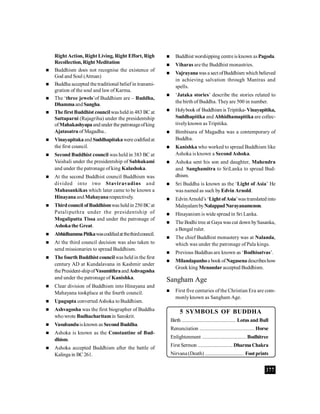 377
Right Action, Right Living, Right Effort, Righ
Recollection, Right Meditation
 Buddhism does not recognise the existence of
God and Soul (Atman)
 Buddha accepted the traditional belief in transmi-
gration of the soul and law of Karma.
 The ‘three jewels’of Buddhism are – Buddha,
DhammaandSangha.
 The first Buddhist councilwas held in 483 BC at
Sattaparni (Rajagriha) under the presidentship
ofMahakashyapaandunder the patronageofking
Ajatasatru of Magadha..
 Vinayapitakaand Suddhapitakawere codifiedat
the first council.
 Second Buddhist council was held in 383 BC at
Vaishali under the presidentship of Sabhakami
and under the patronage of king Kalashoka.
 At the second Buddhist council Buddhism was
divided into two Staviravadins and
Mahasankikas which later came to be known a
Hinayanaand Mahayanarespectively.
 Thirdcouncil ofBuddhismwas heldin 250 BCat
Pataliputhra under the presidentship of
Mogaliputta Tissa and under the patronage of
Ashokathe Great.
 AbhidhammaPitikawascodifiedatthethirdcouncil.
 At the third council decision was also taken to
send missionaries to spread Buddhism.
 The fourth Buddhistcouncilwas held in the first
century AD at Kundalavana in Kashmir under
thePresident-shipofVasumithraandAshvagosha
and under the patronage of Kanishka.
 Clear division of Buddhism into Hinayana and
Mahayana tookplace at the fourth council.
 Upagupta converted Ashoka toBuddhism.
 Ashvagosha was the first biographer of Buddha
whowrote Budhacharitamin Sanskrit.
 Vasubanduisknown as Second Buddha.
 Ashoka is known as the Constantine of Bud-
dhism.
 Ashoka accepted Buddhism after the battle of
Kalinga in BC261.
5 SYMBOLS OF BUDDHA
Birth ....................................... Lotus and Bull
Renunciation ........................................ Horse
Enlightenment ................................ Bodhitree
First Sermon ......................... DharmaChakra
Nirvana (Death) ............................ Footprints
 Buddhist worshipping centreisknown asPagoda.
 Viharas are the Buddhist monastries.
 Vajrayanawas a sect ofBuddhism which believed
in achieving salvation through Mantras and
spells.
 ‘Jataka stories’ describe the stories related to
the birth of Buddha. Theyare 500 in number.
 Holybook of Buddhism is Tripitika-Vinayapitika,
Suddhapitika and Abhidhamapitika are collec-
tivelyknown as Tripitika.
 Bimbisara of Magadha was a contemporary of
Buddha.
 Kanishka who worked to spread Buddhism like
Ashoka is known a Second Ashoka.
 Ashoka sent his son and daughter, Mahendra
and Sanghamitra to SriLanka to spread Bud-
dhism.
 Sri Buddha is known as the ‘Light of Asia’ He
was named as such byEdvin Arnold.
 EdvinArnold’s ‘LightofAsia’was translatedinto
MalayalambyNalappadNarayanamenon.
 Hinayanism is wide spread in Sri Lanka.
 The Bodhi tree at Gaya was cut down bySasanka,
a Bengal ruler.
 The chief Buddhist monastery was at Nalanda,
which was under the patronage of Pala kings.
 Previous Buddhas are known as ‘Bodhisatvas’.
 Milandapanhoa bookofNagasenadescribeshow
Greek king Menandar accepted Buddhism.
Sangham Age
 First five centuries of the Christian Era are com-
monlyknown as Sangham Age.
 