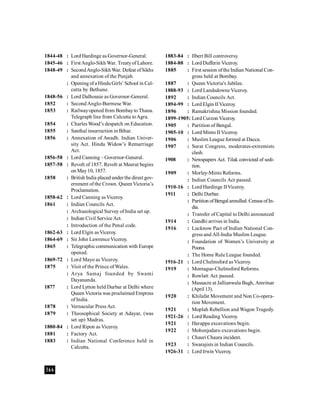 366
1844-48 : Lord Hardinge as Governor-General.
1845-46 : First Anglo-Sikh War. Treatyof Lahore.
1848-49 : SecondAnglo-Sikh War. Defeat ofSikhs
and annexation of the Punjab.
: Opening of a HinduGirls’ School in Cal-
cutta by Bethune.
1848-56 : Lord Dalhousie as Governor-General.
1852 : Second Anglo-Burmese War.
1853 : Railwayopened from Bombayto Thana.
Telegraph line from Calcutta toAgra.
1854 : Charles Wood’s despatch on Education.
1855 : Santhal insurrection in Bihar.
1856 : Annexation of Awadh. Indian Univer-
sity Act. Hindu Widow’s Remarriage
Act.
1856-58 : Lord Canning – Governor-General.
1857-58 : Revolt of 1857. Revolt at Meerut begins
on May10, 1857.
1858 : British India placed under the direct gov-
ernment ofthe Crown. Queen Victoria’s
Proclamation.
1858-62 : Lord Canning asViceroy.
1861 : Indian Councils Act.
: Archaeological Survey of India set up.
: Indian Civil Service Act.
: Introduction of the Penal code.
1862-63 : Lord Elgin asViceroy.
1864-69 : Sir John LawrenceViceroy.
1865 : Telegraphiccommunication with Europe
opened.
1869-72 : Lord Mayo as Viceroy.
1875 : Visit of the Prince of Wales.
: Arya Samaj founded by Swami
Dayananda.
1877 : Lord Lytton held Durbar at Delhi where
Queen Victoria was proclaimed Empress
of India.
1878 : Vernacular Press Act.
1879 : Theosophical Society at Adayar, (was
set up) Madras.
1880-84 : Lord Ripon as Viceroy.
1881 : Factory Act.
1883 : Indian National Conference held in
Calcutta.
1883-84 : Ilbert Bill controversy.
1884-88 : Lord Dufferin Viceroy.
1885 : First session ofthe Indian National Con-
gress held at Bombay.
1887 : Queen Victoria's Jubilee.
1888-93 : Lord Landsdowne Viceroy.
1892 : Indian Councils Act.
1894-99 : Lord Elgin IIViceroy.
1896 : Ramakrishna Mission founded.
1899-1905: Lord Curzon Viceroy.
1905 : Partition of Bengal.
1905-10 : Lord Minto IIViceroy.
1906 : Muslim League formed at Dacca.
1907 : Surat Congress, moderates-extremists
clash.
1908 : Newspapers Act. Tilak convicted of sedi-
tion.
1909 : Morley-Minto Reforms.
: Indian Councils Act passed.
1910-16 : Lord Hardinge IIViceroy.
1911 : Delhi Durbar.
: Partition ofBengal annulled. CensusofIn-
dia.
: Transfer of Capital to Delhi announced
1914 : Gandhi arrives in India.
1916 : Lucknow Pact of Indian National Con-
gress and All-India Muslim League.
: Foundation of Women’s University at
Poona.
: The Home Rule League founded.
1916-21 : Lord Chelmsford as Viceroy.
1919 : Montague-Chelmsford Reforms.
: Rowlatt Act passed.
: Massacre at Jallianwala Bagh, Amritsar
(April 13).
1920 : Khilafat Movement and Non Co-opera-
tion Movement.
1921 : Moplah Rebellion and Wagon Tragedy.
1921-26 : Lord Reading Viceroy.
1921 : Harappa excavations begin.
1922 : Mohenjodaro excavations begin.
: Chauri Chaura incident.
1923 : Swarajists in Indian Councils.
1926-31 : Lord Irwin Viceroy.
 