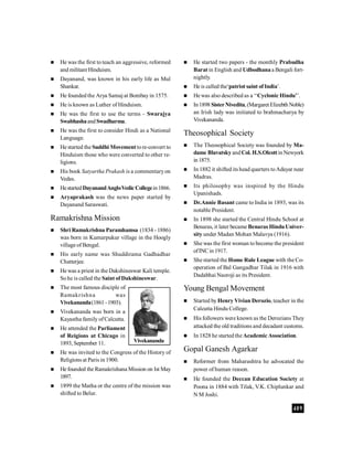 409
 He was the first to teach an aggressive, reformed
and militant Hinduism.
 Dayanand, was known in his early life as Mul
Shankar.
 He founded the Arya Samaj at Bombay in 1575.
 He is known as Luther of Hinduism.
 He was the first to use the terms - Swarajya
SwabhashaandSwadharma.
 He was the first to consider Hindi as a National
Language.
 He started theSuddhi Movementtore-convert to
Hinduism those who were converted to other re-
ligions.
 His book Satyartha Prakash is a commentaryon
Vedas.
 HestartedDayanandAngloVedic Collegein1866.
 Aryaprakash was the news paper started by
Dayanand Saraswati.
Ramakrishna Mission
 Shri Ramakrishna Paramhamsa (1834 - 1886)
was born in Kumarpukur village in the Hoogly
village of Bengal.
 His early name was Shuddirama Gadhadhar
Chatterjee.
 He was a priest in the Dakshineswar Kali temple.
Sohe is called the Saint of Dakshineswar.
 The most famous disciple of
Ramakrishna was
Vivekananda(1861-1903).
 Vivekananda was born in a
Kayastha family ofCalcutta.
 He attended the Parliament
of Reigions at Chicago in
1893, September 11.
 He was invited to the Congress of the History of
Religions at Paris in 1900.
 He founded the Ramakrishana Mission on Ist May
1897.
 1899 the Matha or the centre of the mission was
shifted to Belur.
 He started two papers - the monthly Prabudha
Barat in English and Udbodhanaa Bengali fort-
nightly.
 He is called the‘patriot saint of India’.
 He was also described as a ‘‘Cyclonic Hindu’’.
 In1898 SisterNivedita,(Margaret Elizebth Noble)
an Irish lady was initiated to brahmacharya by
Vivekananda.
Theosophical Society
 The Theosophical Society was founded by Ma-
dame BlavatskyandCol. H.S.Olcottin Newyork
in1875.
 In 1882 it shifted its head quarters toAdayar near
Madras.
 Its philosophy was inspired by the Hindu
Upanishads.
 Dr.Annie Basant came to India in 1893, was its
notable President.
 In 1898 she started the Central Hindu School at
Benaras, it later became Benaras HinduUniver-
sity under Madan Mohan Malavya (1916).
 She was the first woman to become the president
ofINCin 1917.
 She started the Home Rule League with the Co-
operation of Bal Gangadhar Tilak in 1916 with
Dadabhai Naoroji as its President.
Young Bengal Movement
 Started by Henry Vivian Derozio, teacher in the
Calcutta Hindu College.
 His followers were known as the Derozians They
attacked the old traditions and decadant customs.
 In 1828 he started the Academic Association.
Gopal Ganesh Agarkar
 Reformer from Maharashtra he advocated the
power of human reason.
 He founded the Deccan Education Society at
Poona in 1884 with Tilak, V.K. Chiplunkar and
N M Joshi.
Vivekananda
 