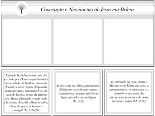 Estando Isabel no sexto mês, foi
enviado por Deus o anjo Gabriel a
uma cidade da Galileia, chamada
Nazaré, a uma virgem desposada
com um varão, chamado José, da
casa de Davi; o nome da virgem
era Maria. Entrando o anjo onde
ela estava, disse-lhe: Deus te salve,
cheia de graça; o Senhor é
contigo! (Lc 1.26-29).
E deu à luz seu filho primogênito.
Enfaixou-o e reclinou-o numa
manjedoura , porque não havia
lugar para eles na estalagem
(Lc. 2.7).
E, entrando na casa, viram o
Menino com Maria,sua mãe, e,
prostrando-se, o adoraram ; e,
abrindo os tesouros, lhe
ofereceram presentes de ouro,
incenso e mirra (Mt 2.11).
Concepção e Nascimento de Jesus em Belém
 