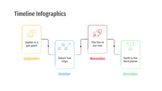 Timeline Infographics
September
Jupiter is a
gas giant
The Sun is
our star
November
October
Saturn has
rings
December
Earth is the
third planet
 