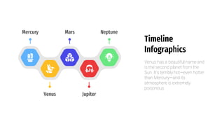 Venus Jupiter
Mercury Mars Neptune
Timeline
Infographics
Venus has a beautiful name and
is the second planet from the
Sun. It’s terribly hot—even hotter
than Mercury—and its
atmosphere is extremely
poisonous
 