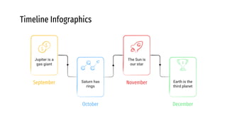 Timeline Infographics
September
Jupiter is a
gas giant
The Sun is
our star
November
October
Saturn has
rings
December
Earth is the
third planet
 