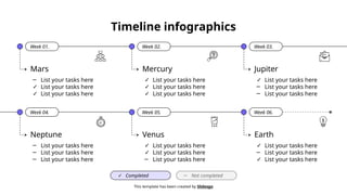 Timeline infographics
This template has been created by Slidesgo
Week 01.
Mars
─ List your tasks here
✓ List your tasks here
✓ List your tasks here
✓ Completed
Week 02.
Mercury
✓ List your tasks here
✓ List your tasks here
✓ List your tasks here
Week 03.
Jupiter
✓ List your tasks here
─ List your tasks here
─ List your tasks here
Week 04.
Neptune
─ List your tasks here
─ List your tasks here
─ List your tasks here
Week 05.
Venus
✓ List your tasks here
✓ List your tasks here
─ List your tasks here
Week 06.
Earth
✓ List your tasks here
─ List your tasks here
✓ List your tasks here
─ Not completed
 