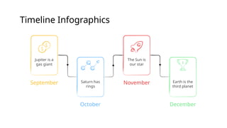 Timeline Infographics
September
Jupiter is a
gas giant
The Sun is
our star
November
October
Saturn has
rings
December
Earth is the
third planet
 