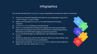 Infographics
You can add and edit some infographics to your presentation to present your data in a visual way.
● Choose your favourite infographic and insert it in your presentation using Ctrl C
+ Ctrl V or Cmd C + Cmd V in Mac.
● Select one of the parts and ungroup it by right-clicking and choosing
“Ungroup”.
● Change the color by clicking on the paint bucket.
● Then resize the element by clicking and dragging one of the square-shaped
points of its bounding box (the cursor should look like a double-headed arrow).
Remember to hold Shift while dragging to keep the proportions.
● Group the elements again by selecting them, right-clicking and choosing
“Group”.
● Repeat the steps above with the other parts and when you’re done editing, copy
the end result and paste it into your presentation.
● Remember to choose the “Keep source formatting” option so that it keeps the
design. For more info, please visit our blog.
 