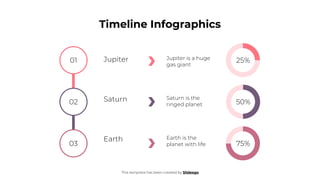 Timeline Infographics
This template has been created by Slidesgo
01
02
Jupiter Jupiter is a huge
gas giant
25%
03 75%
50%
Saturn Saturn is the
ringed planet
Earth Earth is the
planet with life
 