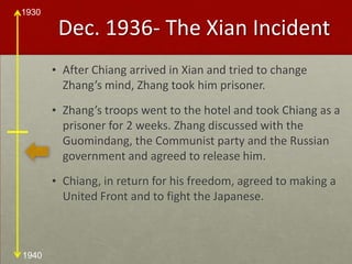 Dec. 1936- The Xian IncidentAfter Chiang arrived in Xian and tried to change Zhang’s mind, Zhang took him prisoner.Zhang’s troops went to the hotel and took Chiang as a prisoner for 2 weeks. Zhang discussed with the Guomindang, the Communist party and the Russian government and agreed to release him.Chiang, in return for his freedom, agreed to making a United Front and to fight the Japanese.
