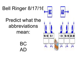Bell Ringer 8/17/16
Predict what the
abbreviations
mean:
BC
AD
 