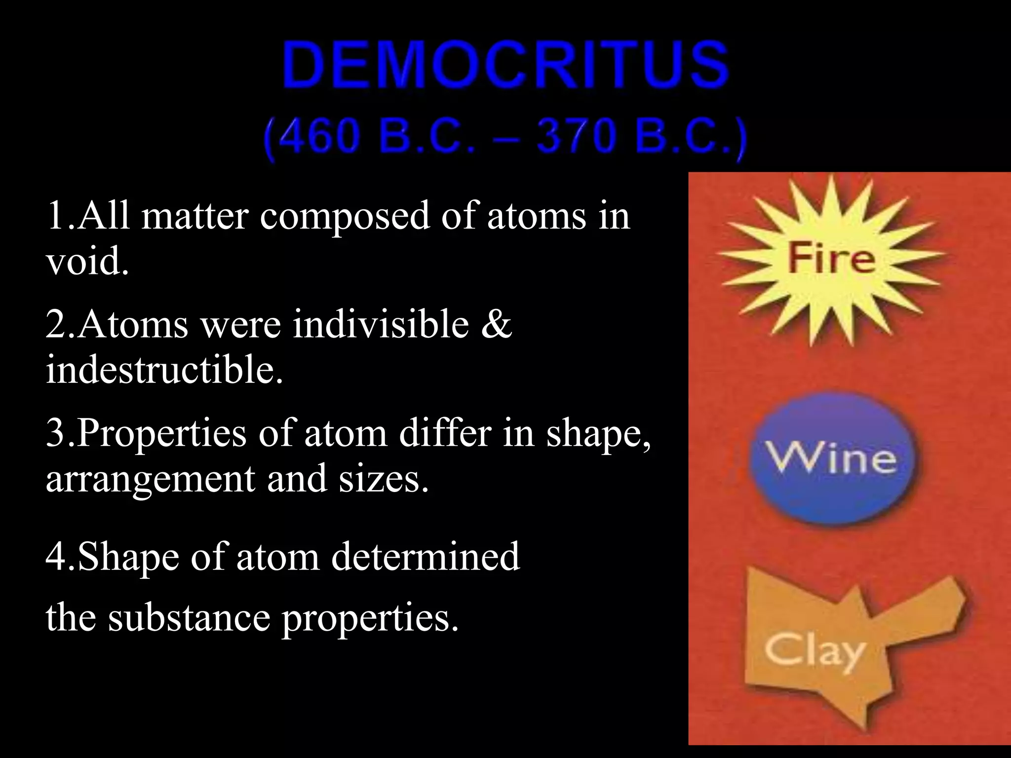 1.All matter composed of atoms in
void.
2.Atoms were indivisible &
indestructible.
3.Properties of atom differ in shape,
arrangement and sizes.
4.Shape of atom determined
the substance properties.
 