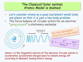 The Classical/Solar system
Atomic Model is doomed
• Let’s consider atoms as a quasi sun/planet model (only
one planet so that it is just a two body problem.
• The force balance of circular orbits for an electron
“going around” a stationary nucleolus
where v is the tangential velocity of the electron. Circular motion is
accelerated, accelerated charges need to radiate energy off
according to Maxwell, loosing kinetic energy
 