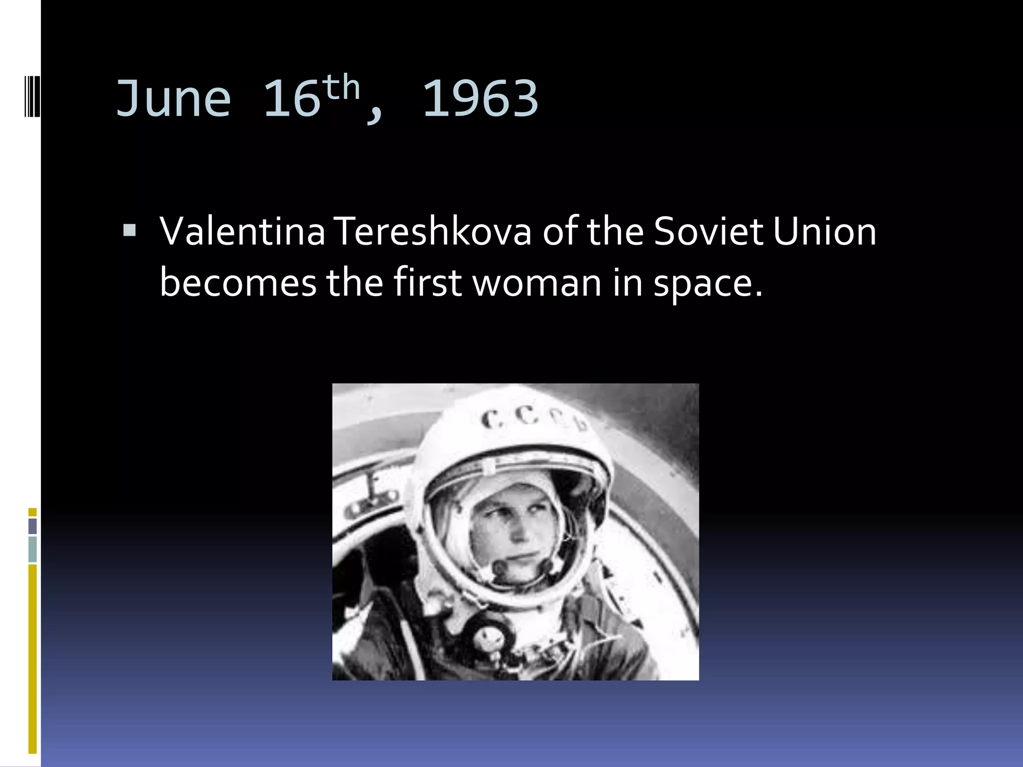 June 16th, 1963
Valentina Tereshkova of the Soviet Union
becomes the first woman in space.