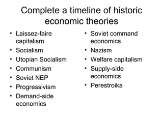 Complete a timeline of historic
       economic theories
• Laissez-faire       • Soviet command
  capitalism            economics
• Socialism           • Nazism
• Utopian Socialism   • Welfare capitalism
• Communism           • Supply-side
• Soviet NEP            economics
• Progressivism       • Perestroika
• Demand-side
  economics
 