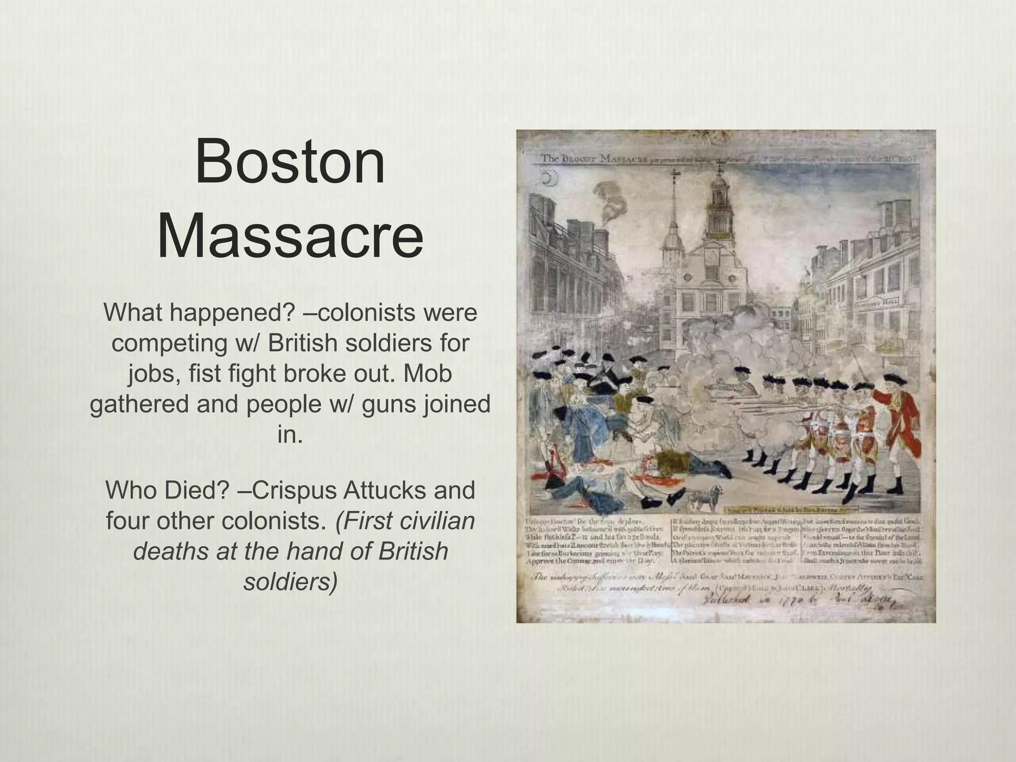 Sons of Liberty Form
• a secret resistance group to protest Stamp Act and other perceived liberties
• formed the Stamp Act Congress
• harassed customs workers, stamp agents, and royal governors (when
necessary)
• successful in preventing the Stamp Act from going into effect
11
 