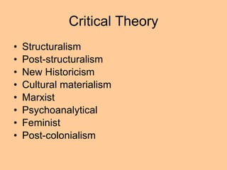 Critical Theory Structuralism Post-structuralism New Historicism Cultural materialism Marxist Psychoanalytical Feminist Post-colonialism 