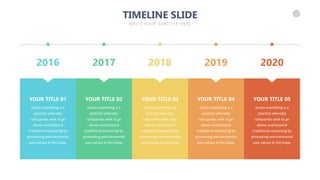26
TIMELINE SLIDE
WRITE YOUR SUBTITLE HERE
2016 2017 2018 2019 2020
Green marketing is a
practice whereby
companies seek to go
above and beyond
traditional marketing by
promoting environmental
core values in the hope.
YOUR TITLE 01
Green marketing is a
practice whereby
companies seek to go
above and beyond
traditional marketing by
promoting environmental
core values in the hope.
YOUR TITLE 02
Green marketing is a
practice whereby
companies seek to go
above and beyond
traditional marketing by
promoting environmental
core values in the hope.
YOUR TITLE 03
Green marketing is a
practice whereby
companies seek to go
above and beyond
traditional marketing by
promoting environmental
core values in the hope.
YOUR TITLE 04
Green marketing is a
practice whereby
companies seek to go
above and beyond
traditional marketing by
promoting environmental
core values in the hope.
YOUR TITLE 05
 