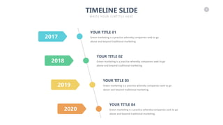 4
TIMELINE SLIDE
WRITE YOUR SUBTITLE HERE
2017
2018
2019
2020
Green marketing is a practice whereby companies seek to go
above and beyond traditional marketing.
YOUR TITLE 01
Green marketing is a practice whereby companies seek to go
above and beyond traditional marketing.
YOUR TITLE 04
Green marketing is a practice whereby companies seek to go
above and beyond traditional marketing.
YOUR TITLE 03
Green marketing is a practice whereby companies seek to go
above and beyond traditional marketing.
YOUR TITLE 02
 