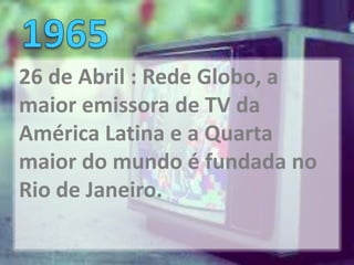 26 de Abril : Rede Globo, a
maior emissora de TV da
América Latina e a Quarta
maior do mundo é fundada no
Rio de Janeiro.
 