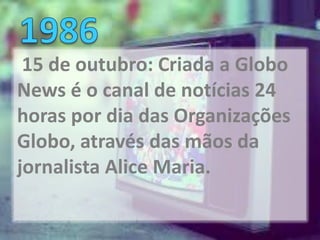 15 de outubro: Criada a Globo
News é o canal de notícias 24
horas por dia das Organizações
Globo, através das mãos da
jornalista Alice Maria.
 