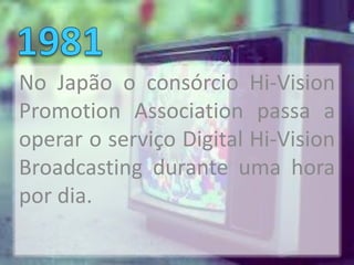 No Japão o consórcio Hi-Vision
Promotion Association passa a
operar o serviço Digital Hi-Vision
Broadcasting durante uma hora
por dia.
 
