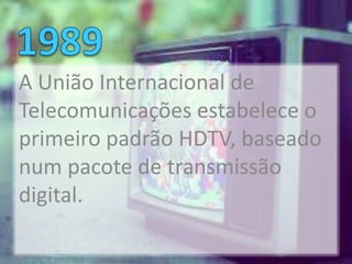 A União Internacional de
Telecomunicações estabelece o
primeiro padrão HDTV, baseado
num pacote de transmissão
digital.
 