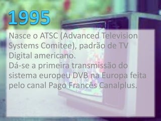 Nasce o ATSC (Advanced Television
Systems Comitee), padrão de TV
Digital americano.
Dá-se a primeira transmissão do
sistema europeu DVB na Europa feita
pelo canal Pago Francês Canalplus.
 