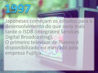 Japoneses começam os estudos para o
desenvolvimento do que seria mais
tarde o ISDB (Integrated Services
Digital Broadcasting).
O primeiro televisor de Plasma é
disponibilizado no mercado pela
empresa Fujitsu.
 