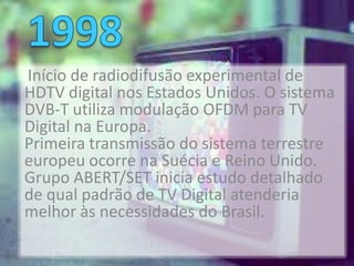 Início de radiodifusão experimental de
HDTV digital nos Estados Unidos. O sistema
DVB-T utiliza modulação OFDM para TV
Digital na Europa.
Primeira transmissão do sistema terrestre
europeu ocorre na Suécia e Reino Unido.
Grupo ABERT/SET inicia estudo detalhado
de qual padrão de TV Digital atenderia
melhor às necessidades do Brasil.
 