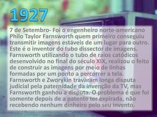 7 de Setembro- Foi o engenheiro norte-americano
Philo Taylor Farnsworth quem primeiro conseguiu
transmitir imagens estáveis de um lugar para outro.
Este é o inventor do tubo dissector de imagens.
Farnsworth utilizando o tubo de raios catódicos
desenvolvido no final do século XIX, realizou o feito
de construir as imagens por meio de linhas
formadas por um ponto a percorrer a tela.
Farnsworth e Zworykin travaram longa disputa
judicial pela paternidade da invenção da TV, mas
Farnsworth ganhou a disputa. O problema é que foi
somente depois de a patente ter expirada, não
recebendo nenhum dinheiro pelo seu invento.
 