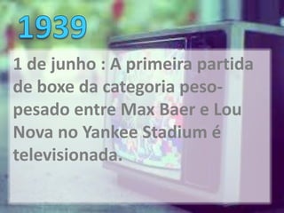 1 de junho : A primeira partida
de boxe da categoria peso-
pesado entre Max Baer e Lou
Nova no Yankee Stadium é
televisionada.
 