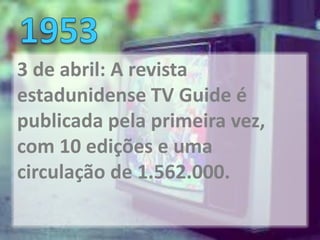 3 de abril: A revista
estadunidense TV Guide é
publicada pela primeira vez,
com 10 edições e uma
circulação de 1.562.000.
 