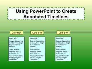 Using PowerPoint to Create
             Annotated Timelines


   Date Box                 Date Box                 Date Box

Event Box:               Event Box:               Event Box:
Copy and paste this      Copy and paste this      Copy and paste this
text box, then drag it   text box, then drag it   text box, then drag it
to your desired          to your desired          to your desired
location.                location.                location.
Then, write to           Then, write to           Then, write to
describe, drag it,       describe, drag it,       describe, drag it,
and resize it...         and resize it...         and resize it...
You can format this      You can format this      You can format this
box by using the         box by using the         box by using the
Draw tools…              Draw tools…              Draw tools…
 