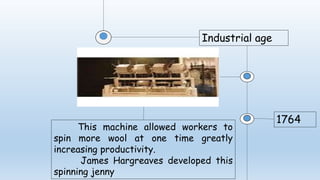 Industrial age
This machine allowed workers to
spin more wool at one time greatly
increasing productivity.
James Hargreaves developed this
spinning jenny
1764
 