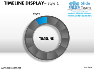 TIMELINE DISPLAY– Style 1

                    TEXT 1




                         TIMELINE




www.slideteam.net                   Your logo
 