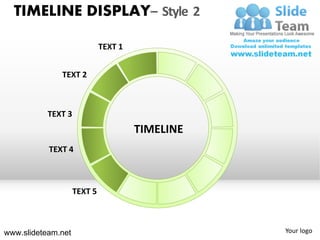 TIMELINE DISPLAY– Style 2

                             TEXT 1


              TEXT 2



           TEXT 3
                                      TIMELINE
           TEXT 4



                    TEXT 5



www.slideteam.net                                Your logo
 