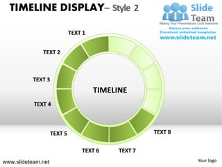 TIMELINE DISPLAY– Style 2

                             TEXT 1


              TEXT 2



           TEXT 3
                                      TIMELINE
           TEXT 4



                    TEXT 5                           TEXT 8

                                 TEXT 6     TEXT 7
www.slideteam.net                                             Your logo
 