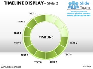 TIMELINE DISPLAY– Style 2

                             TEXT 1


              TEXT 2



           TEXT 3
                                      TIMELINE
           TEXT 4                                        TEXT 9



                    TEXT 5                           TEXT 8

                                 TEXT 6     TEXT 7
www.slideteam.net                                                 Your logo
 