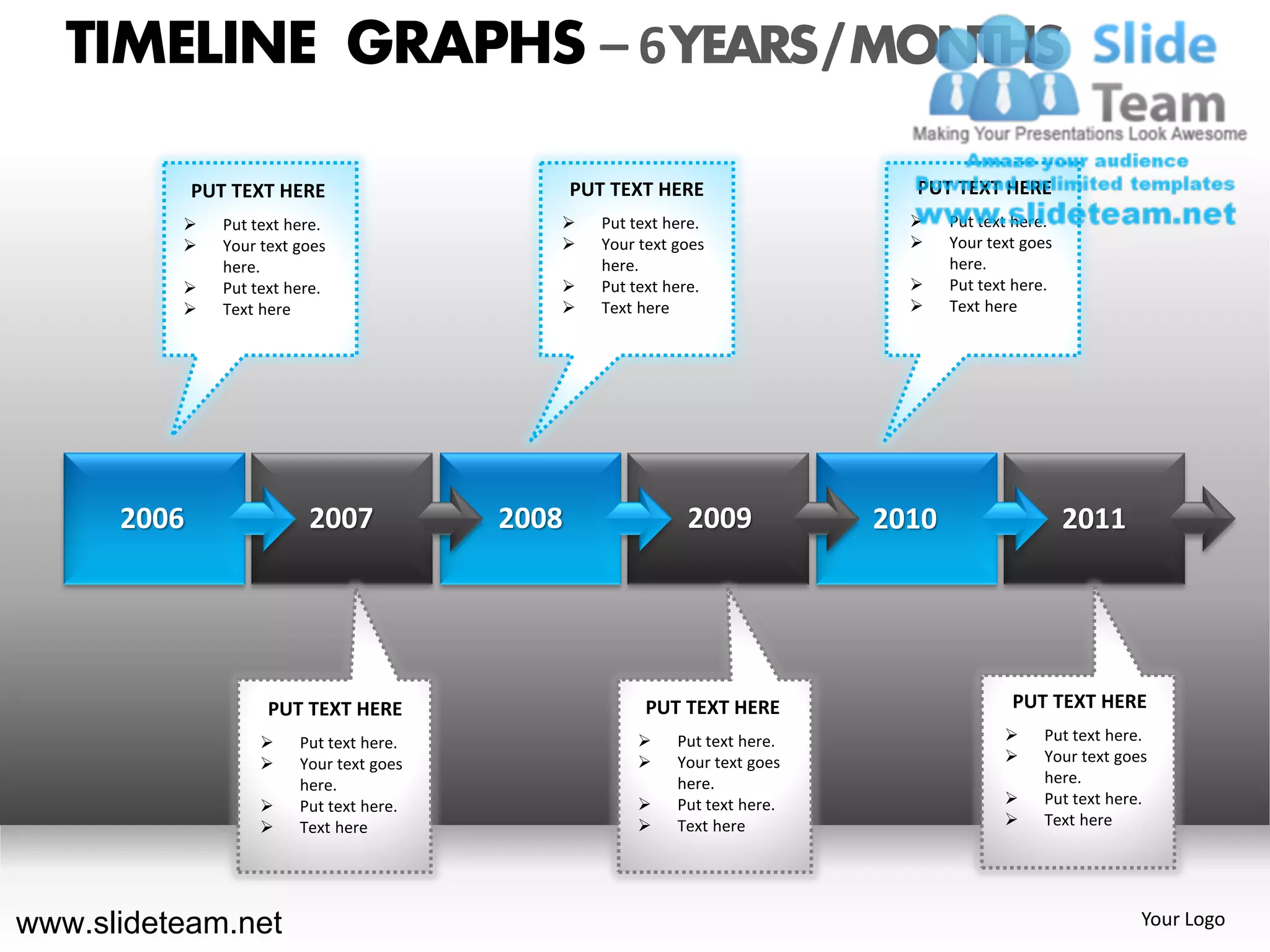 TIMELINE GRAPHS – 6 YEARS / MONTHS

             PUT TEXT HERE                        PUT TEXT HERE                   PUT TEXT HERE
               Put text here.                      Put text here.                   Put text here.
               Your text goes                      Your text goes                   Your text goes
                here.                                here.                             here.
               Put text here.                      Put text here.                   Put text here.
               Text here                           Text here                        Text here




      2006                 2007            2008                 2009            2010                    2011




                      PUT TEXT HERE                       PUT TEXT HERE                        PUT TEXT HERE
                         Put text here.                      Put text here.                     Put text here.
                         Your text goes                      Your text goes                     Your text goes
                          here.                                here.                               here.
                         Put text here.                      Put text here.                     Put text here.
                         Text here                           Text here                          Text here




www.slideteam.net                                                                                               Your Logo
 