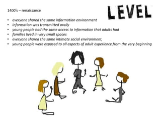 1400′s – renaissance

•   everyone shared the same information environment
•   information was transmitted orally
•   young people had the same access to information that adults had
•   families lived in very small spaces
•   everyone shared the same intimate social environment,
•   young people were exposed to all aspects of adult experience from the very beginning
 