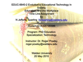 EDUC-8840-2 Evolution of Educational Technology in
                     Society,
          Education, and the Workplace
              Time Line Assignment
                       by
  N Jefferey Sparling N.Sparling@waldenu.edu

             Student ID # A00180086

             Program: PhD Education
            Specialization: Technology

           Instructor: Dr. Roger Powley
           roger.powley@waldenu.edu


                Walden University
                 20 May 2010
 